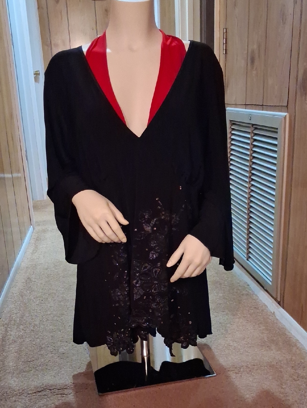 MKM Designs Black Tunic with Red Trim and Sequined Appliqué